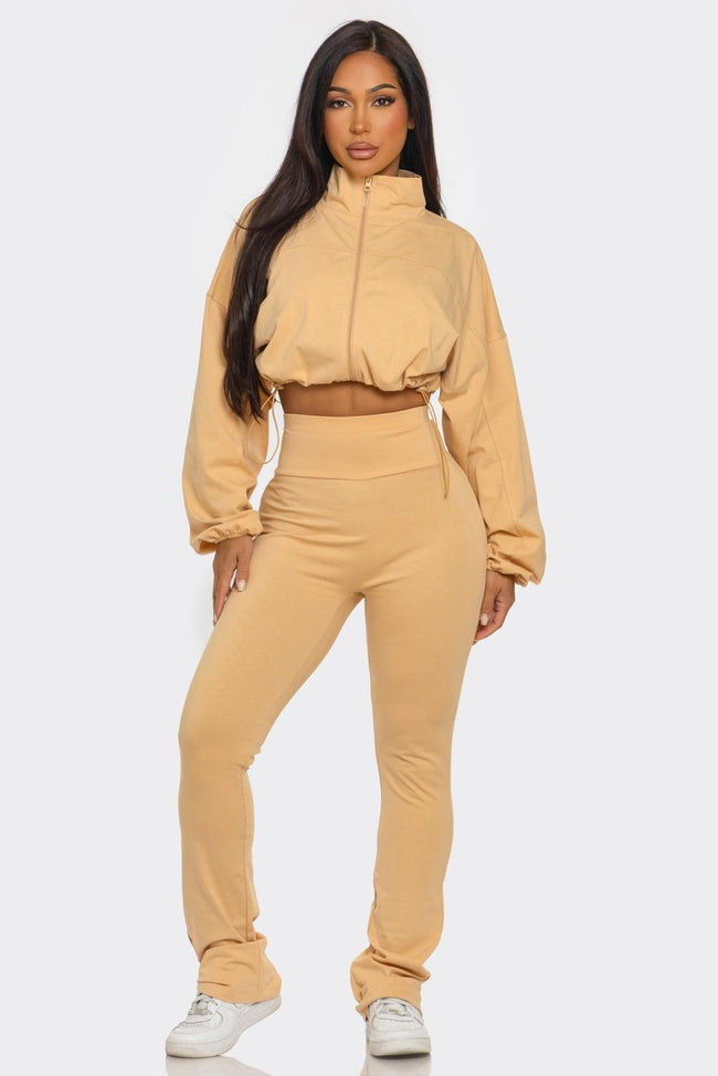 Cropped Zip Up And High Waist Jogger Set - Yellow