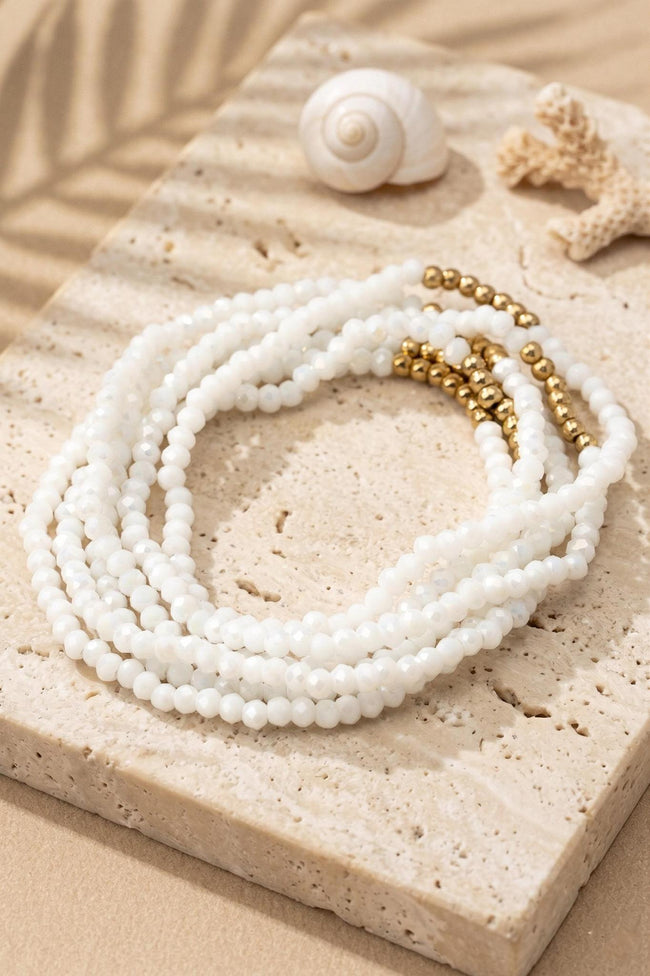6 Strands Of Faceted Glass Bead Stetch Bracelet - White