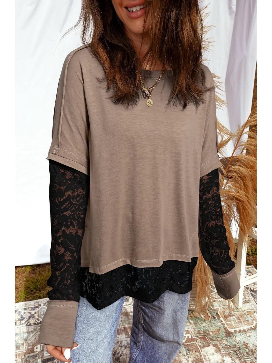 Solid Lace Patch Long Sleeve Top