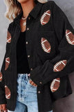 Game Day Black Sequined Football Pockets Buttoned Shacket