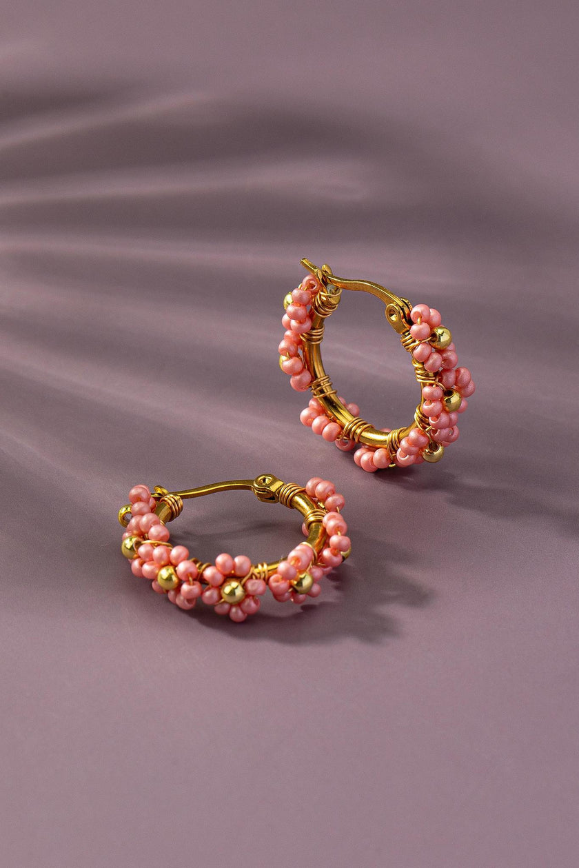 Premium Brass Hoop With Seed Beads-Pink