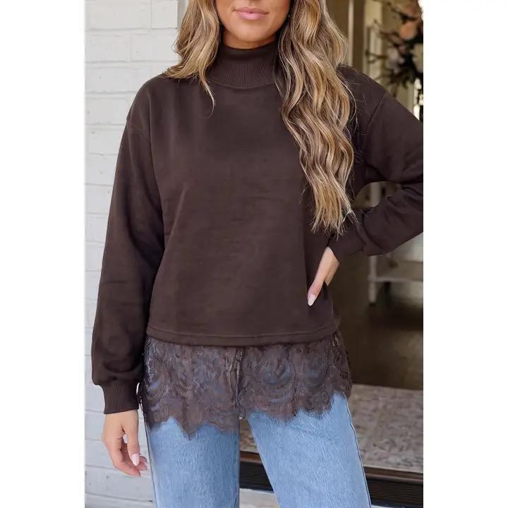 Las Solid Lace Trim Patchwork Mock Neck Sweatshirt