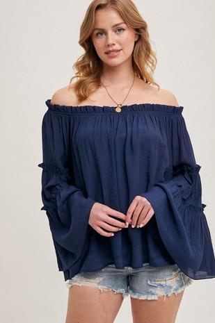 Bell Sleeved Off The Shoulder Ruffle Trim Top