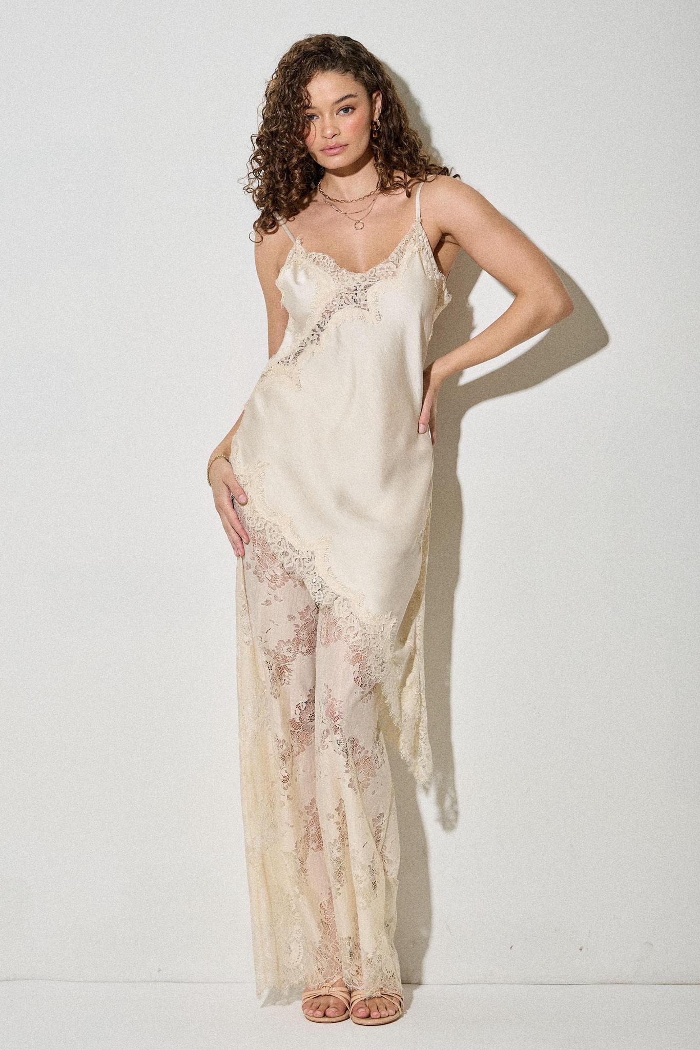 Satin Lace Trim Cami And Pants Set - Cream