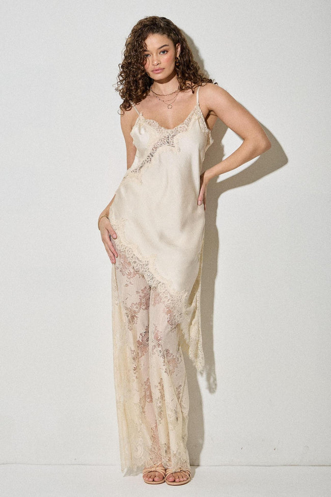 Satin Lace Trim Cami And Pants Set - Cream