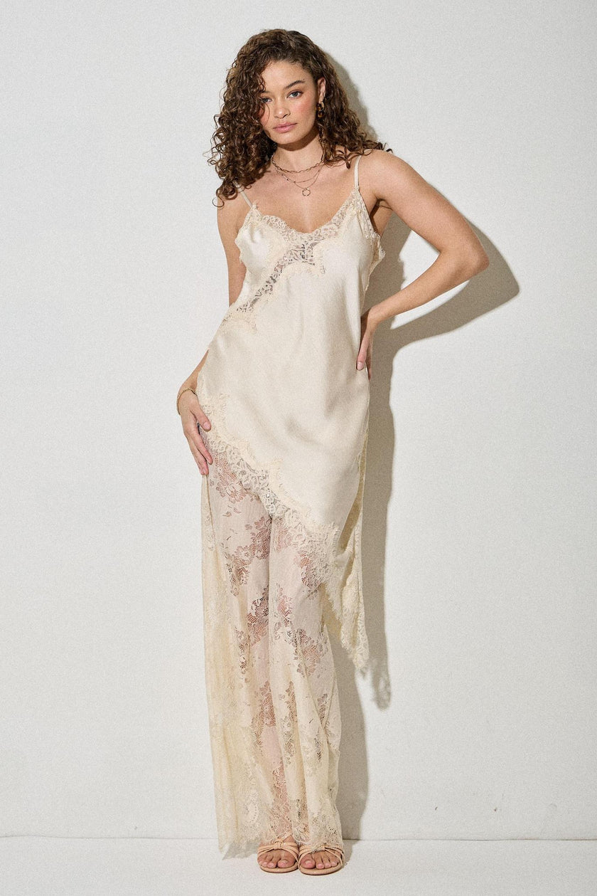 Satin Lace Trim Cami And Pants Set - Cream