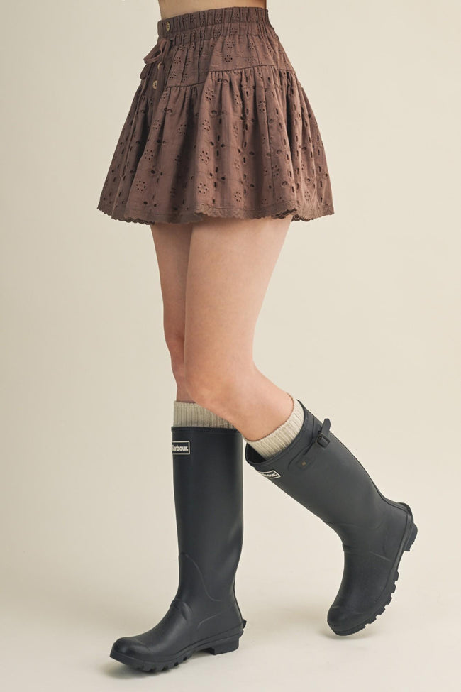 Embroidered Eyelet Smocked Waist Skirt - Iced Mocha
