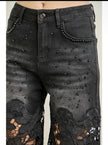 BLK Faux Pearl Accents Floral Lace Denim Pants