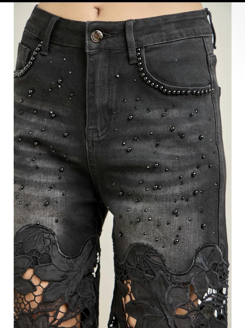 BLK Faux Pearl Accents Floral Lace Denim Pants
