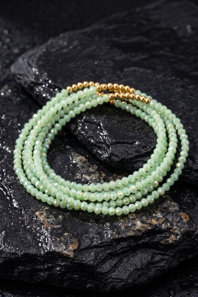 6 Strand Of Faceted Glass Bead-Green