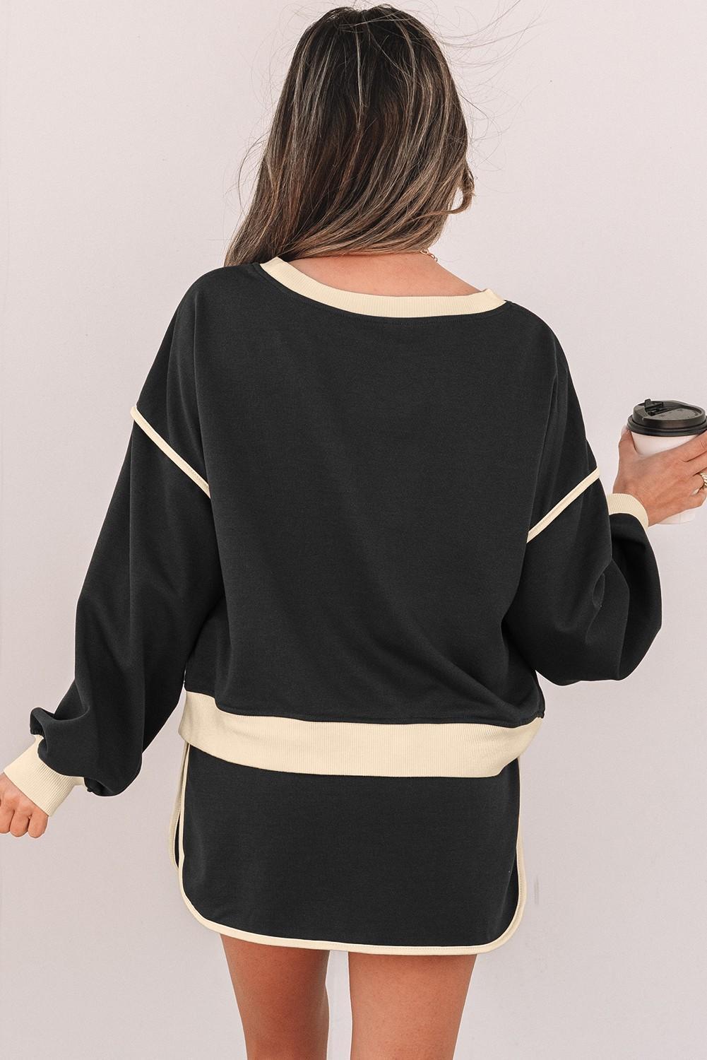 Contrast Loose Pullover Lace-up Waist Skort Set