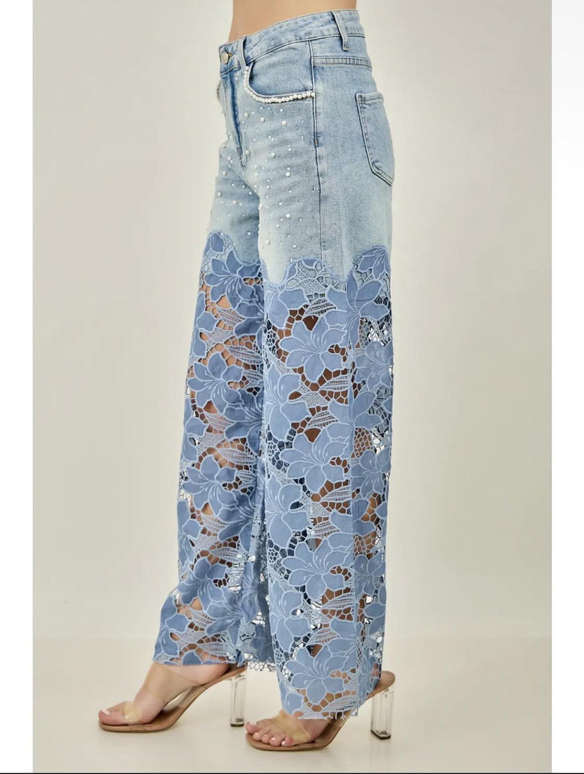 Faux Pearl Accents Floral Lace Spliced Pants