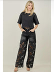 BLK Faux Pearl Accents Floral Lace Denim Pants