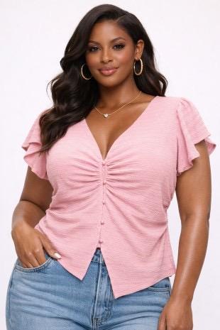 Plus Size Short Ruffle Sleeve Vneck - Pink