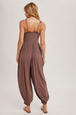 Gauze Smocked Button Front Shoulder Tie Jumpsuit- Mocha