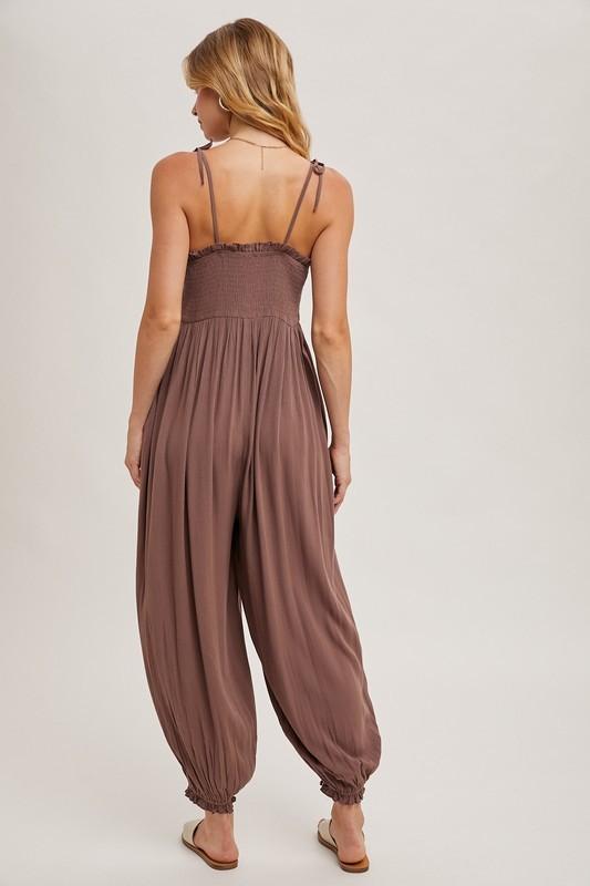 Gauze Smocked Button Front Shoulder Tie Jumpsuit- Mocha