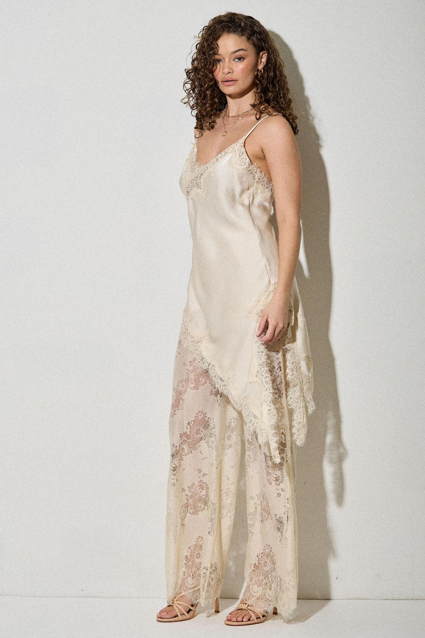 Satin Lace Trim Cami And Pants Set - Cream