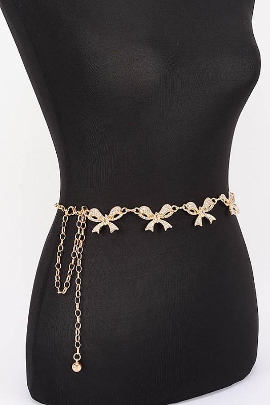 Rhinestone Bow Charm Belt - GOLD