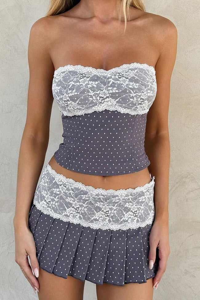 POLKA DOT LACE-TRIM TOP PLEATED SKIRT SET