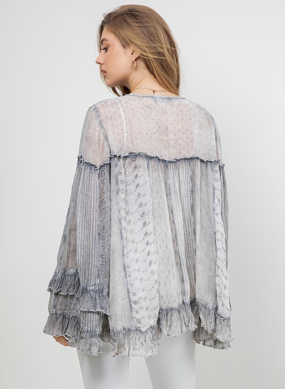 Dreamy Sheer V-neck Ruffled Button-front Top
