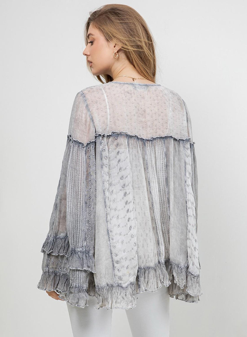 Dreamy Sheer V-neck Ruffled Button-front Top