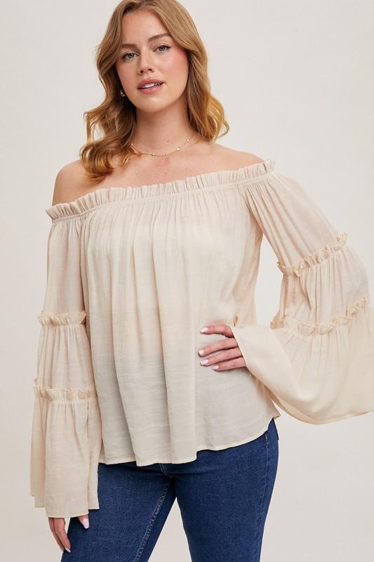 Bell Sleeved Off The Shoulder Ruffle Trim Top