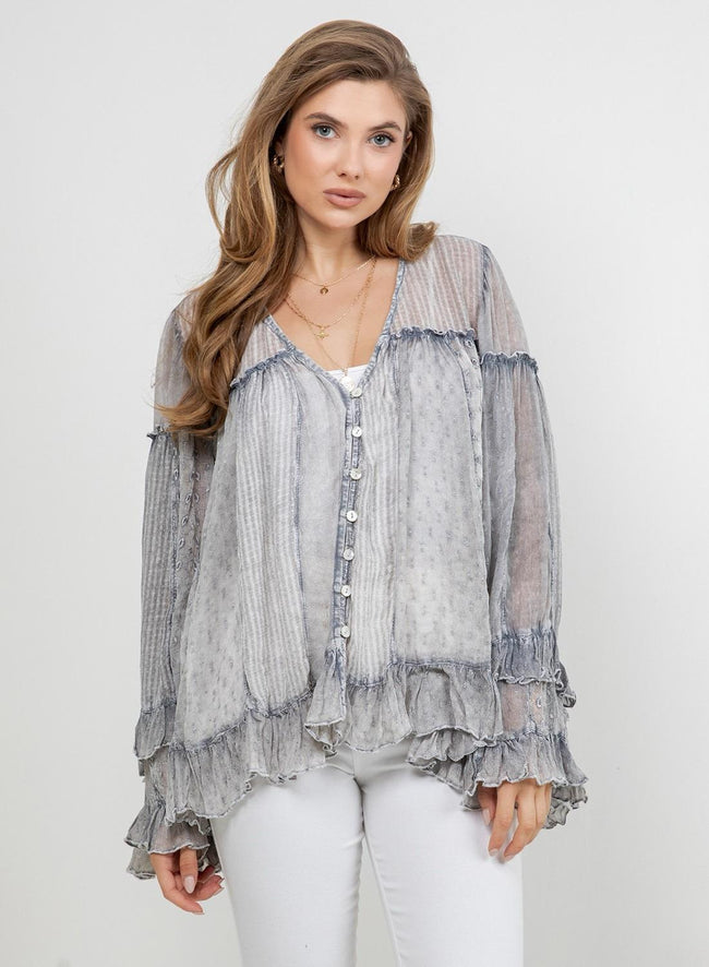 Dreamy Sheer V-neck Ruffled Button-front Top