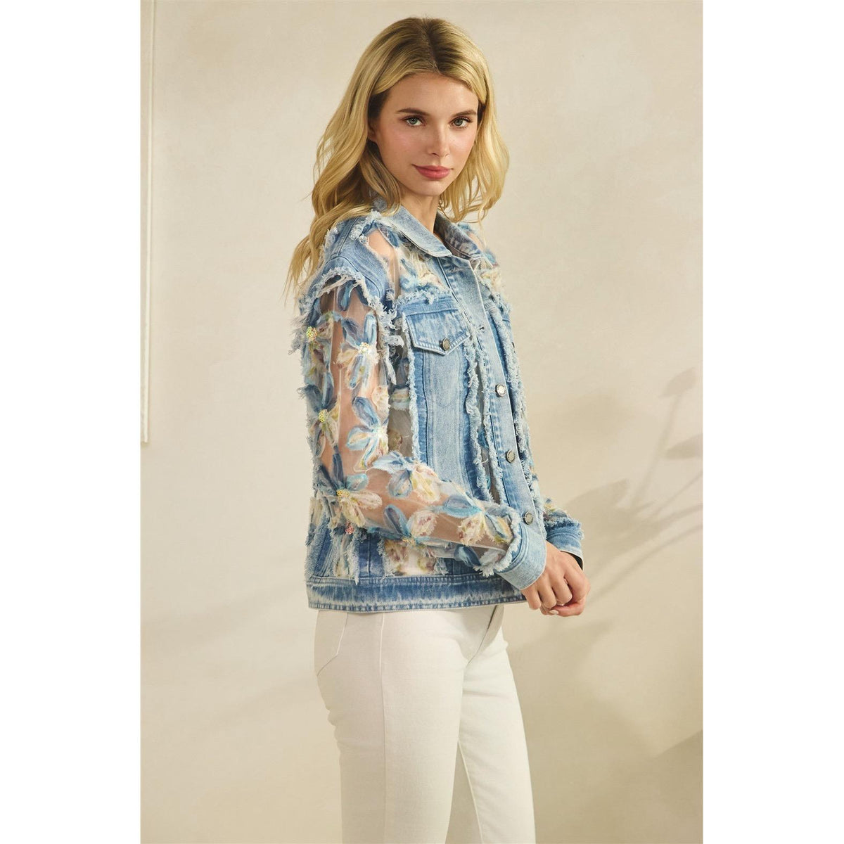 Denim Jacket with Floral Organza Inset