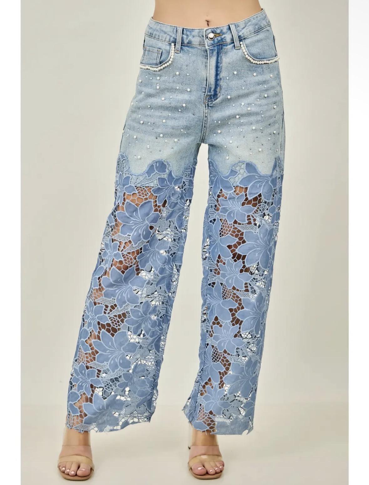 Faux Pearl Accents Floral Lace Spliced Pants