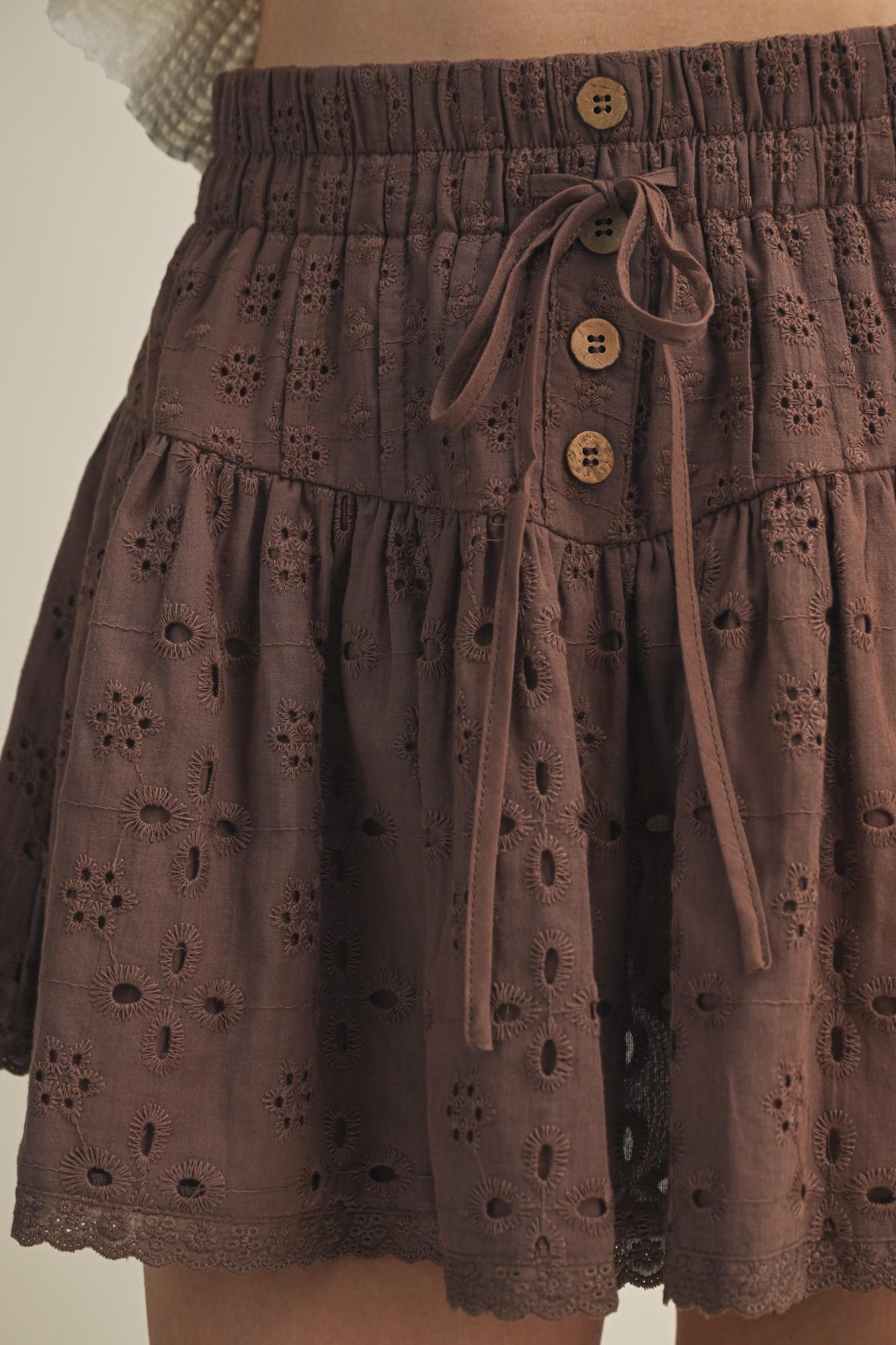 Embroidered Eyelet Smocked Waist Skirt - Iced Mocha