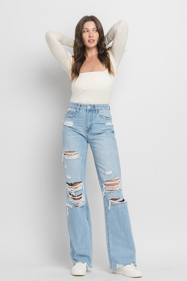 90'S VINTAGE SUPER HIGH RISE DISTRESSED FLARE JEAN
