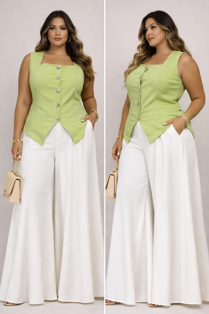 Plus Size Sleeveless Button Front/Corset Back - Sage