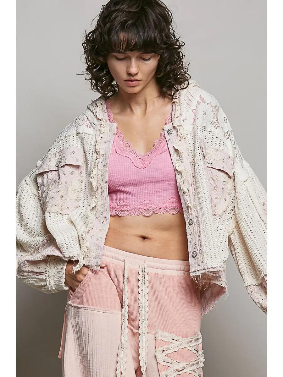 Floral Pattern Lace Contrast Textured Knit Hooded Jacket