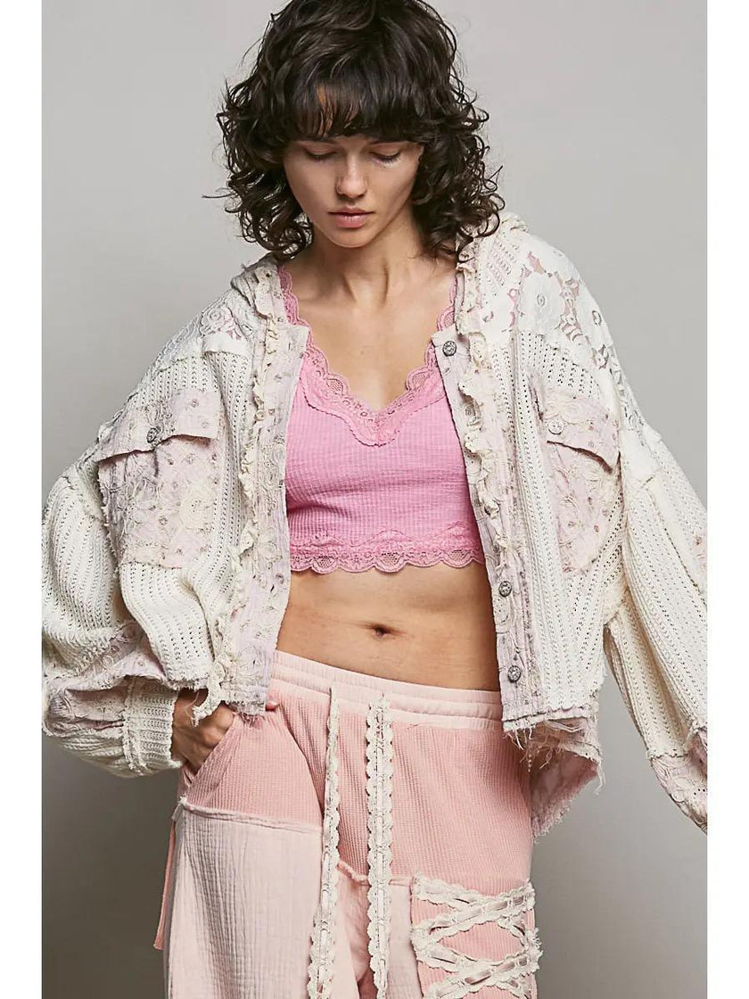 Floral Pattern Lace Contrast Textured Knit Hooded Jacket
