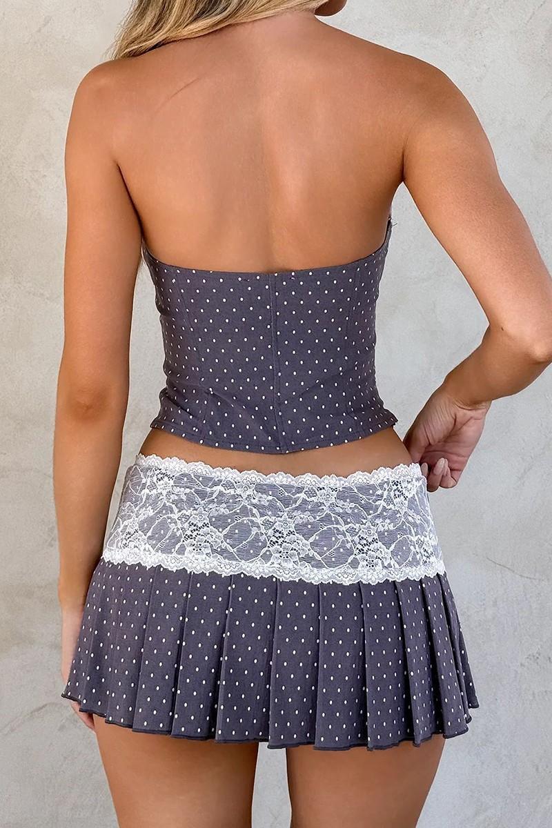 POLKA DOT LACE-TRIM TOP PLEATED SKIRT SET