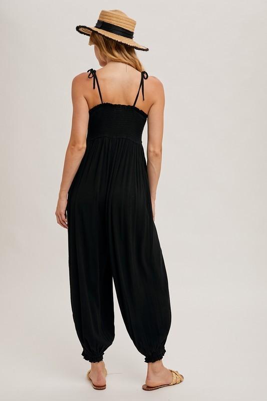 Gauze Smocked Button Front Shoulder Tie Jumpsuit - Black