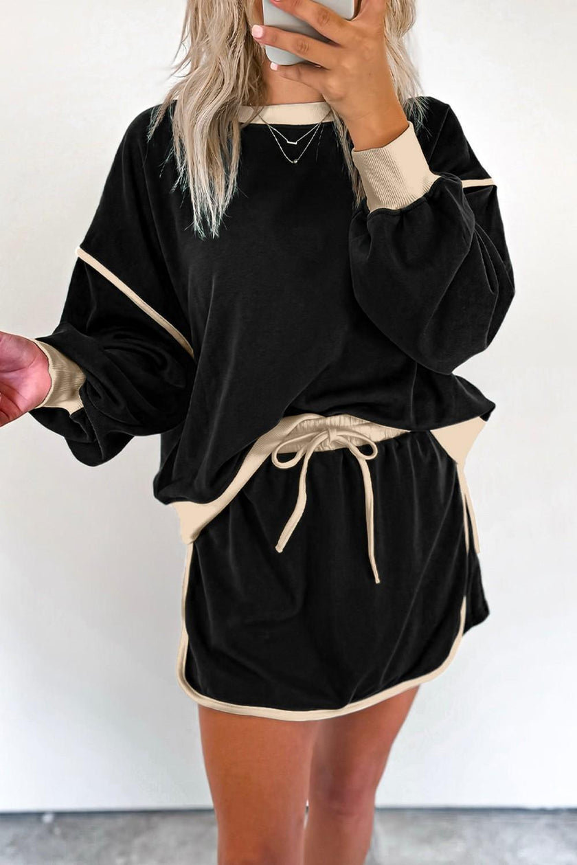 Contrast Loose Pullover Lace-up Waist Skort Set