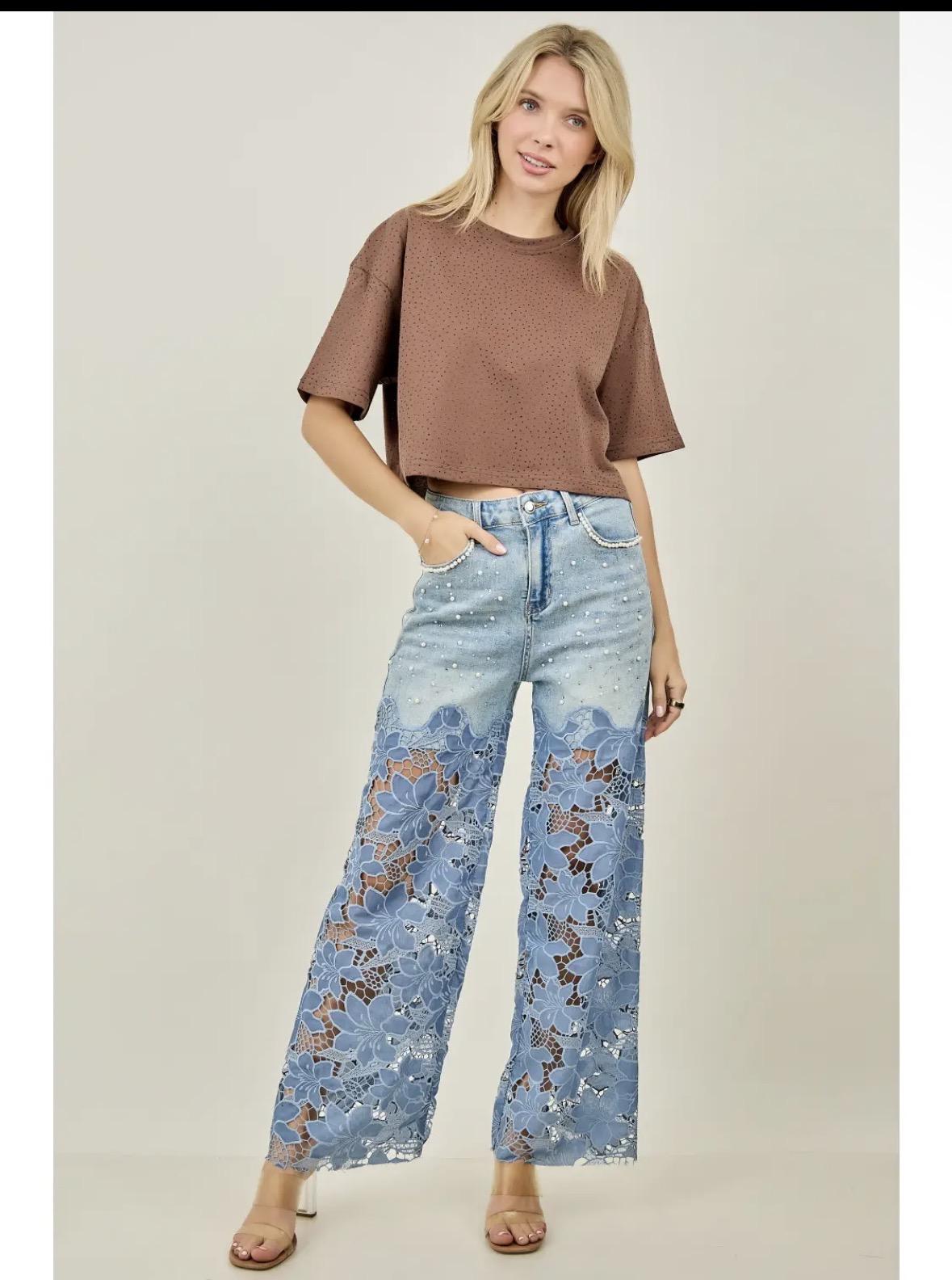 Faux Pearl Accents Floral Lace Spliced Pants