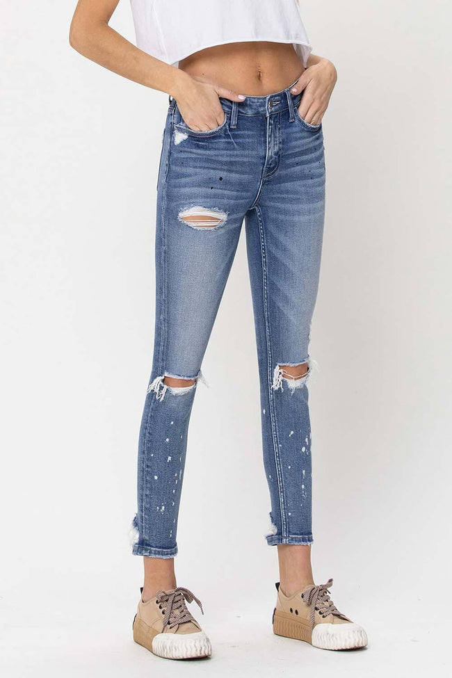MID RISE DISTRESSED PAINT SPLATTER SKINNY JEANS