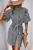 Striped Shirt Dress With Ruffled Sleeves - Navy Blue