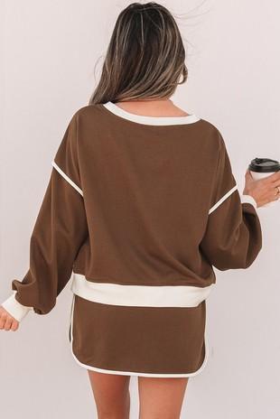 Contrast Loose Pullover Lace-up Waist Skort Set