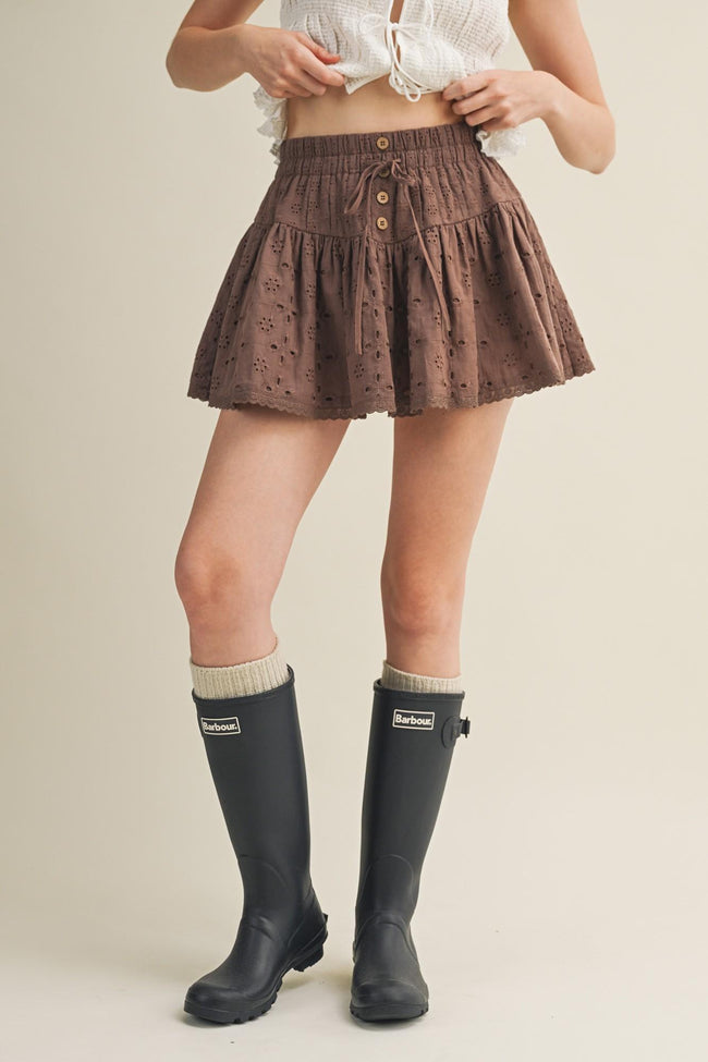 Embroidered Eyelet Smocked Waist Skirt - Iced Mocha