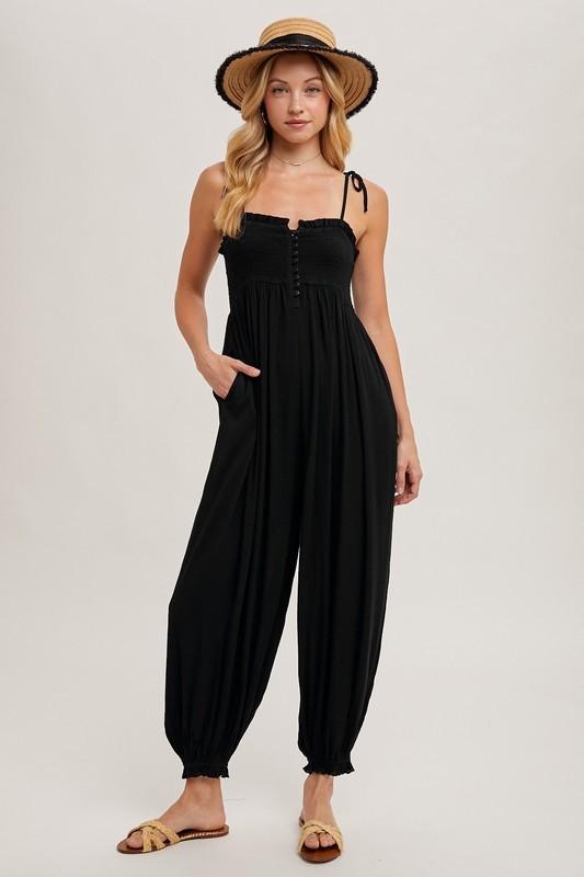 Gauze Smocked Button Front Shoulder Tie Jumpsuit - Black