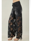 BLK Faux Pearl Accents Floral Lace Denim Pants