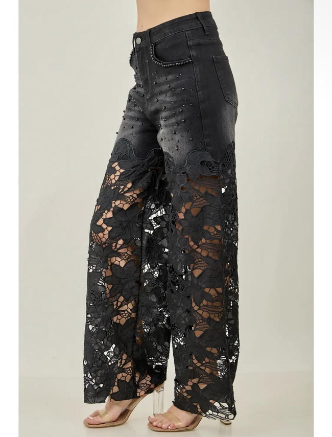 BLK Faux Pearl Accents Floral Lace Denim Pants