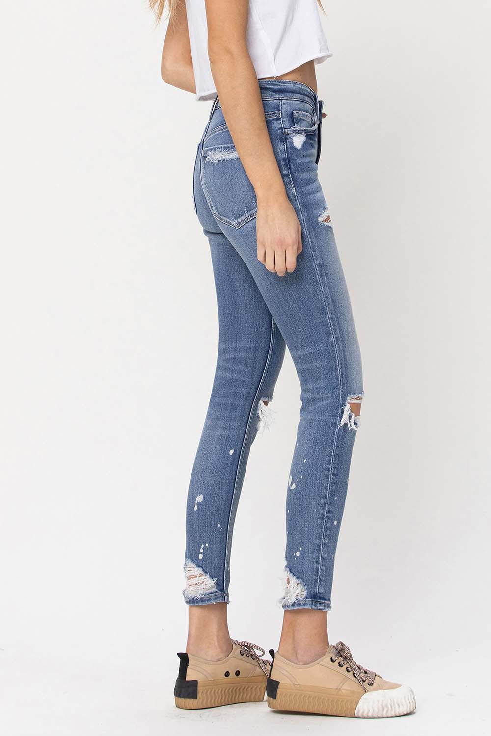 MID RISE DISTRESSED PAINT SPLATTER SKINNY JEANS
