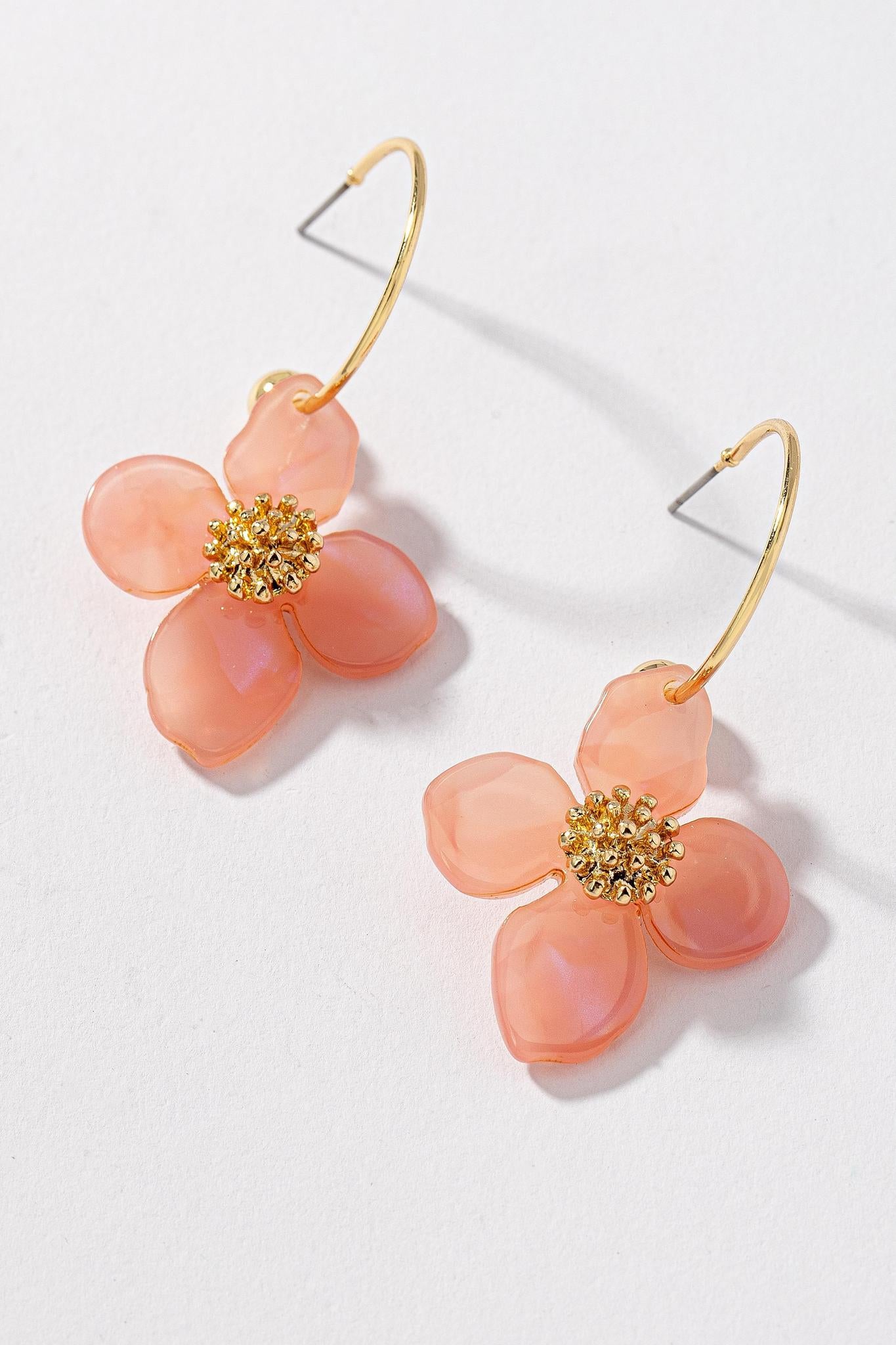 Skinny Hoop With Flower Drop Earrings