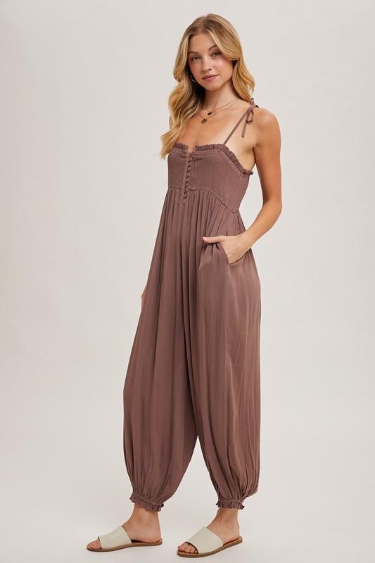 Gauze Smocked Button Front Shoulder Tie Jumpsuit- Mocha