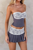 POLKA DOT LACE-TRIM TOP PLEATED SKIRT SET
