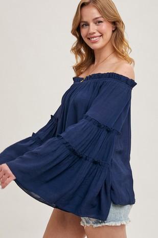 Bell Sleeved Off The Shoulder Ruffle Trim Top